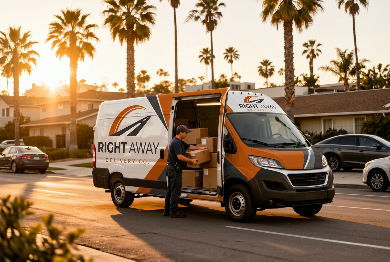 Right Away Delivery Co. branded delivery van on a sunny Costa Mesa street at golden hour