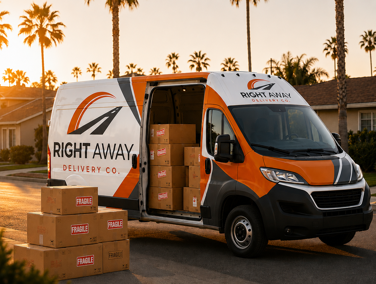 Right Away Delivery Co. branded delivery van on a sunny Costa Mesa street at golden hour