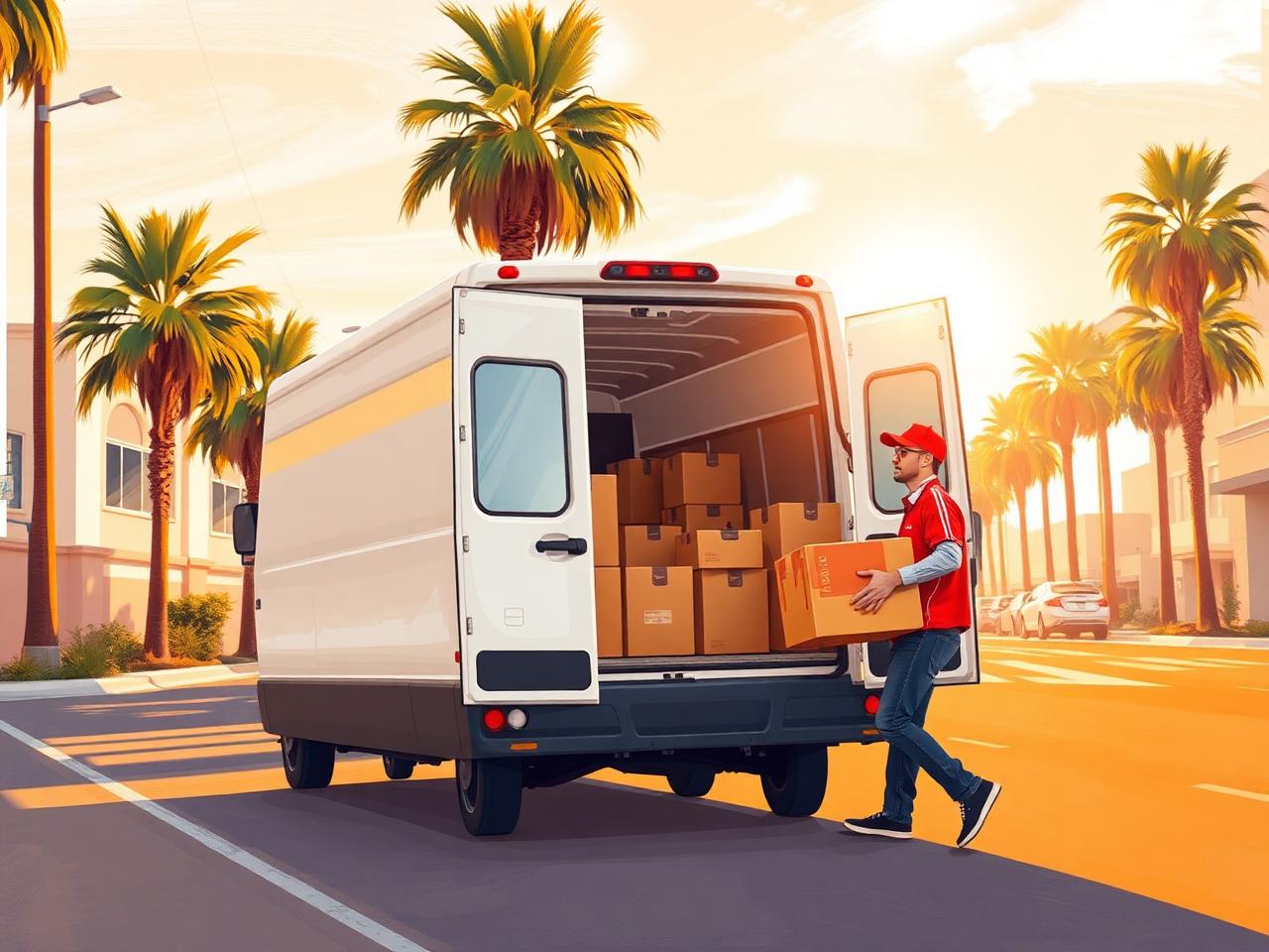 Driver loading boxes into a delivery van on a sunny Costa Mesa street